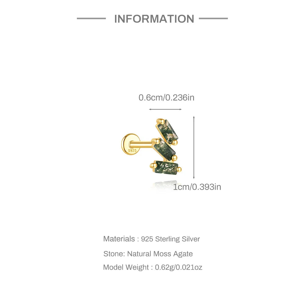 Natural Moss Agate Threaded Puncture Ear Bone, Nail 925 Sterling Silver Tassel Geometric, Nice Green Moss Piercing Earring