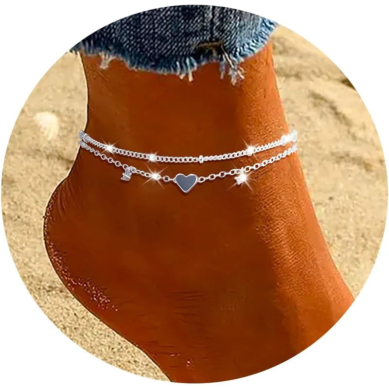 925 Sliver Plated CZ Anklet, Lovely Bracelets for Women Girl, Trendy New Waterproof Heart, Charm Dainty Layer Chain Anklets Jewelry Gifts, Charming Gift For Birthday Or Christmas