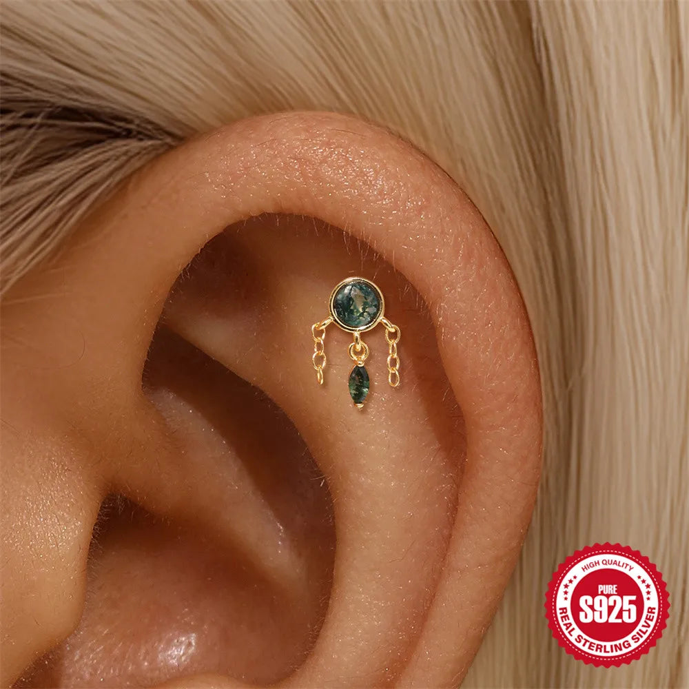 Natural Moss Agate Threaded Puncture Ear Bone, Nail 925 Sterling Silver Tassel Geometric, Nice Green Moss Piercing Earring