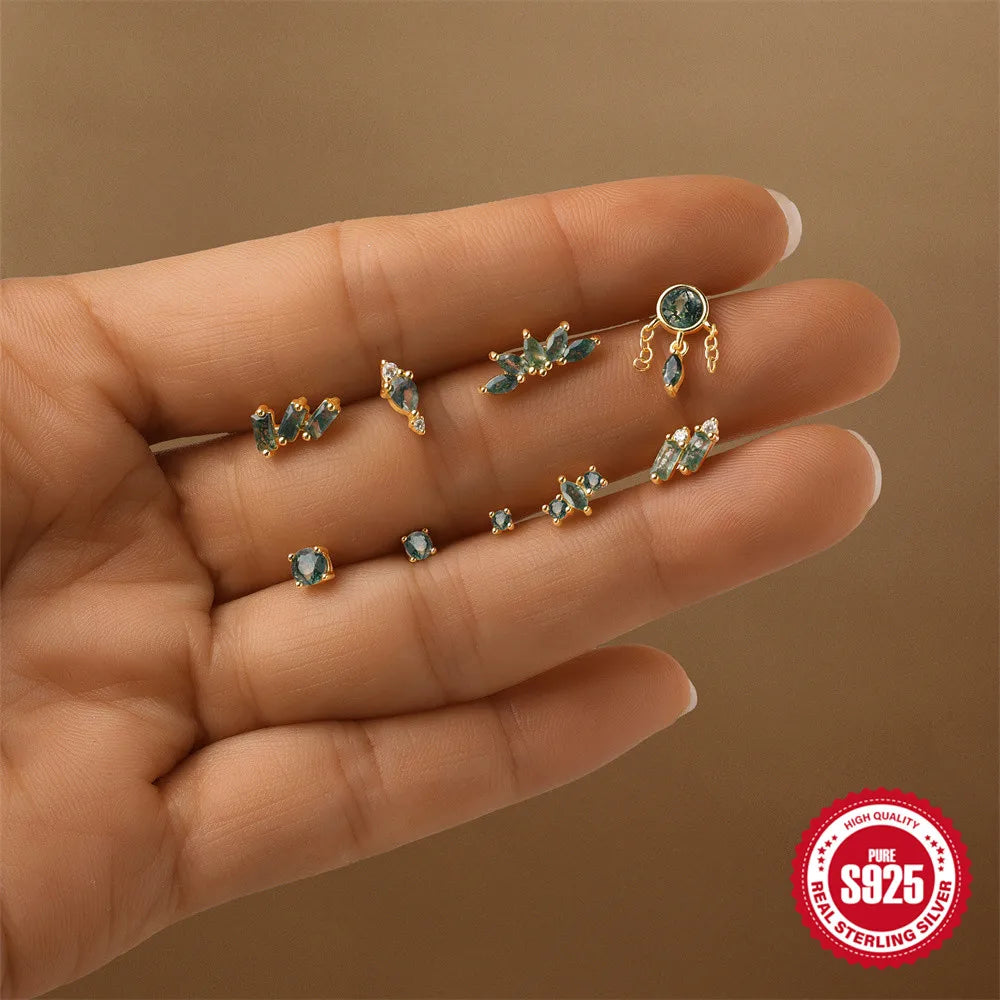 Natural Moss Agate Threaded Puncture Ear Bone, Nail 925 Sterling Silver Tassel Geometric, Nice Green Moss Piercing Earring