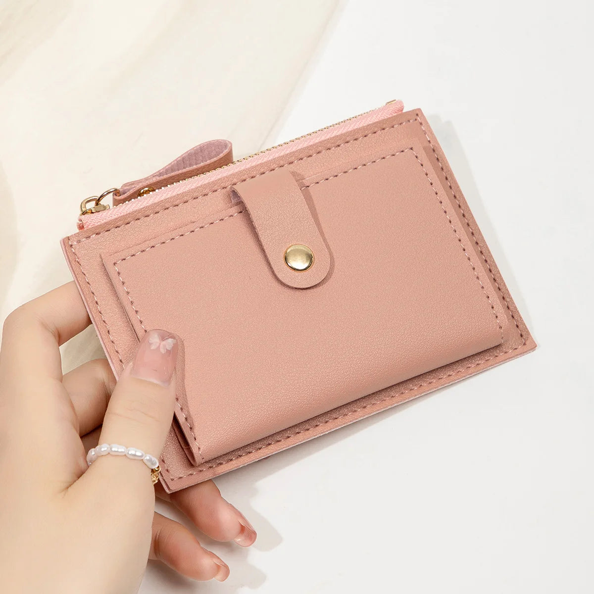 Adorable Minimalist And Fashionable Women's Short Card Bag, Thin Mini PU Leather Wallet, Amazing women's credit card holder wallet, Stunning Trendy Practical Gift For Cute Girls, Lovely Pink Wallet, Nice Blue Color, Kind Pink