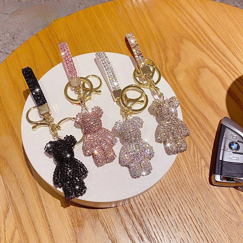 Cute Rhinestones Tassel Bear Keychain Couple Keychain, Beautiful Girl Decoration Kind Small Pendant Car Key Ring Student Bag Pendant