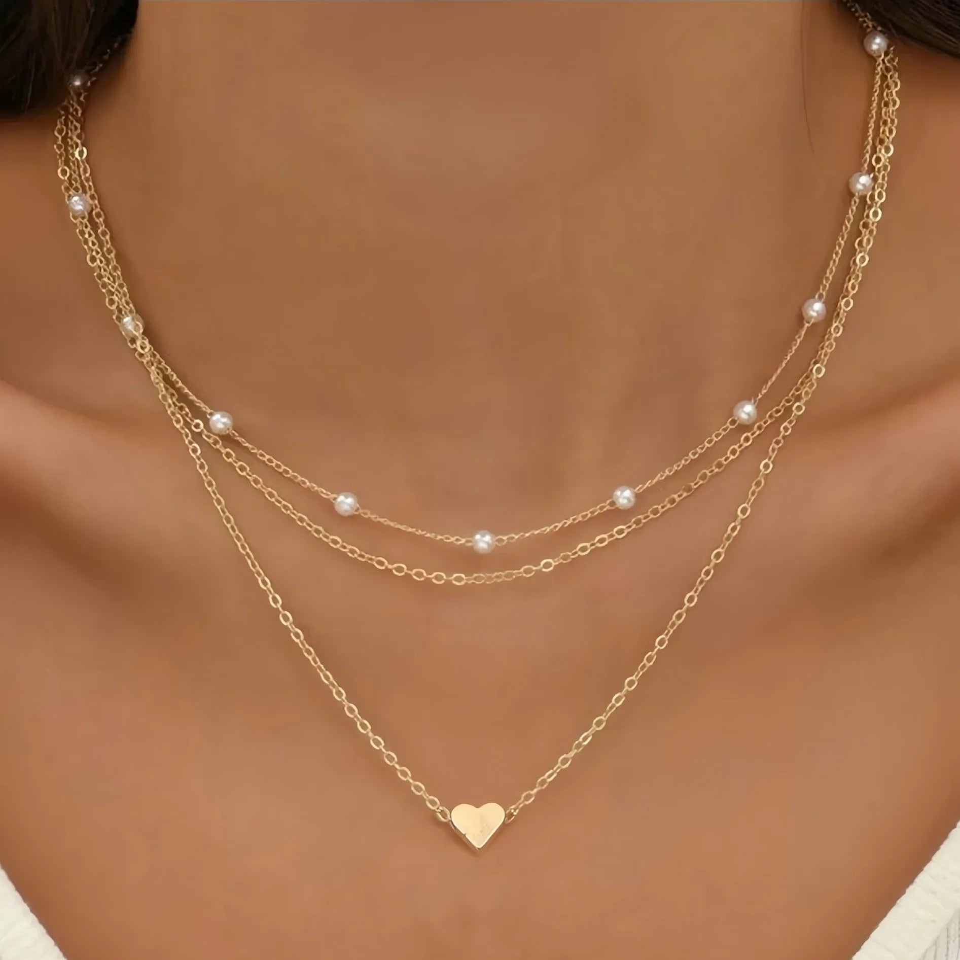 Mehrschichtige Perle Kreuz Liebe Herz Anhänger Halsketten für Frauen Gold Farbe Mode Schlüsselbein Halskette 2024 Trend Schmuck