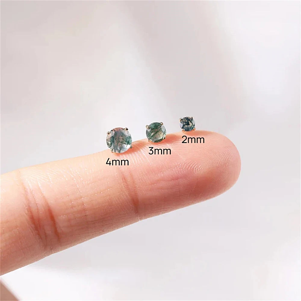 Natural Moss Agate Threaded Puncture Ear Bone, Nail 925 Sterling Silver Tassel Geometric, Nice Green Moss Piercing Earring