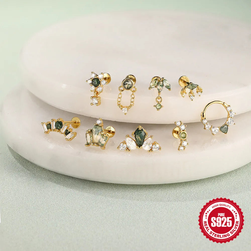 Natural Moss Agate Threaded Puncture Ear Bone, Nail 925 Sterling Silver Tassel Geometric, Nice Green Moss Piercing Earring