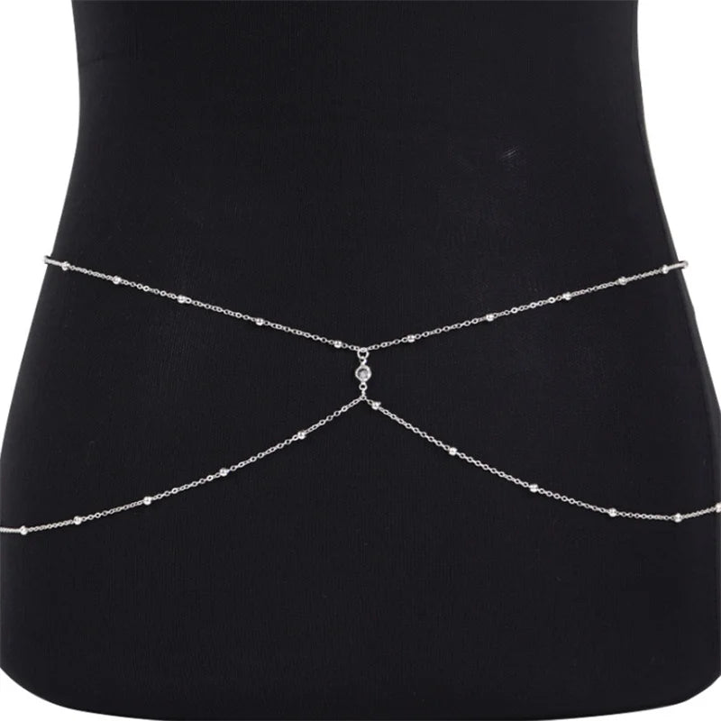 Clear Rhinestone Beaded Belly Chains for Women Gold Silver Color Metal Beach Bikini Link Chains Waist Body Jewelry Accessory