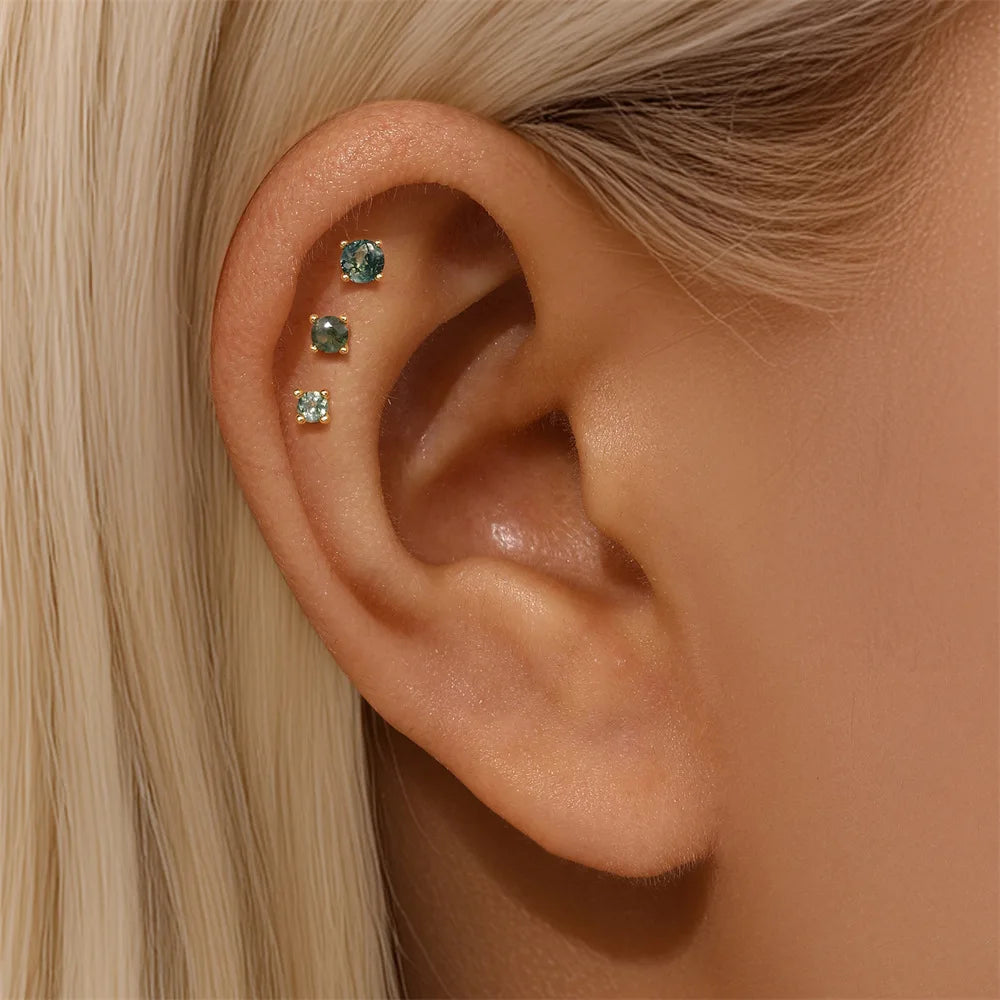 Natural Moss Agate Threaded Puncture Ear Bone, Nail 925 Sterling Silver Tassel Geometric, Nice Green Moss Piercing Earring