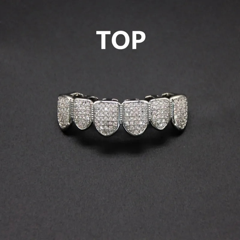 New Hip Hop CZ Teeth Set For Unisex Top And Bottom Mouth, Gold And Silver Color Teeth, Trendy Tooth Cap Removable Dental, Fashion Jewelry Gift
