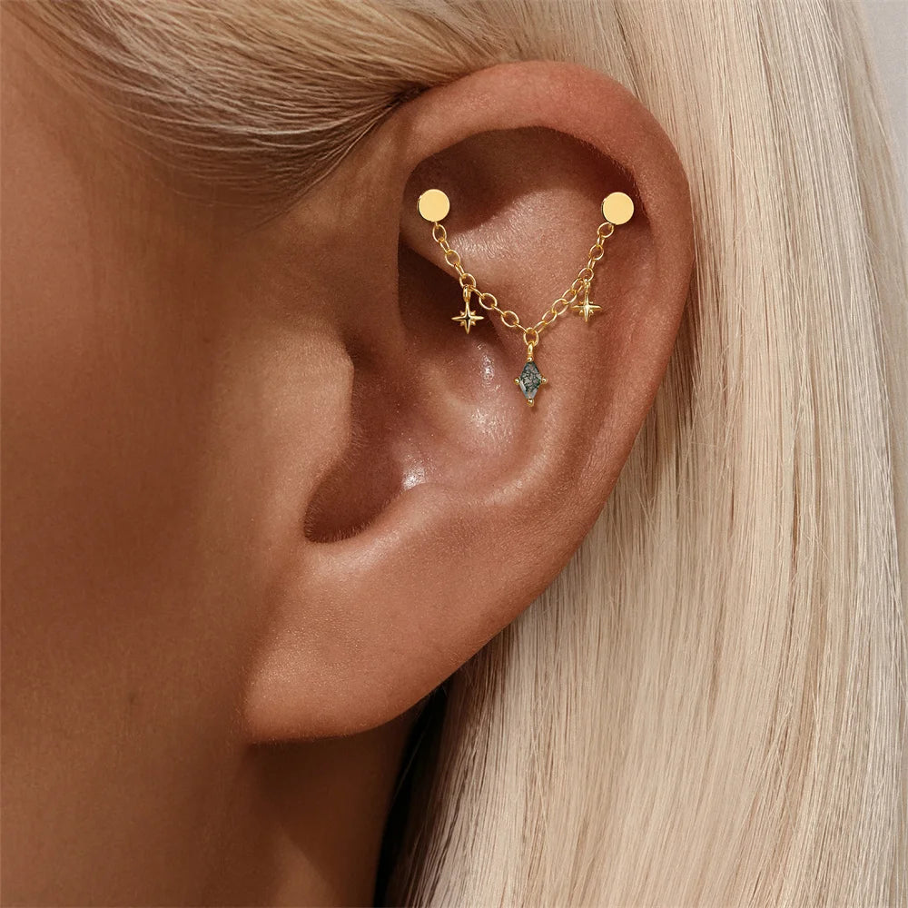 Natural Moss Agate Threaded Puncture Ear Bone, Nail 925 Sterling Silver Tassel Geometric, Nice Green Moss Piercing Earring