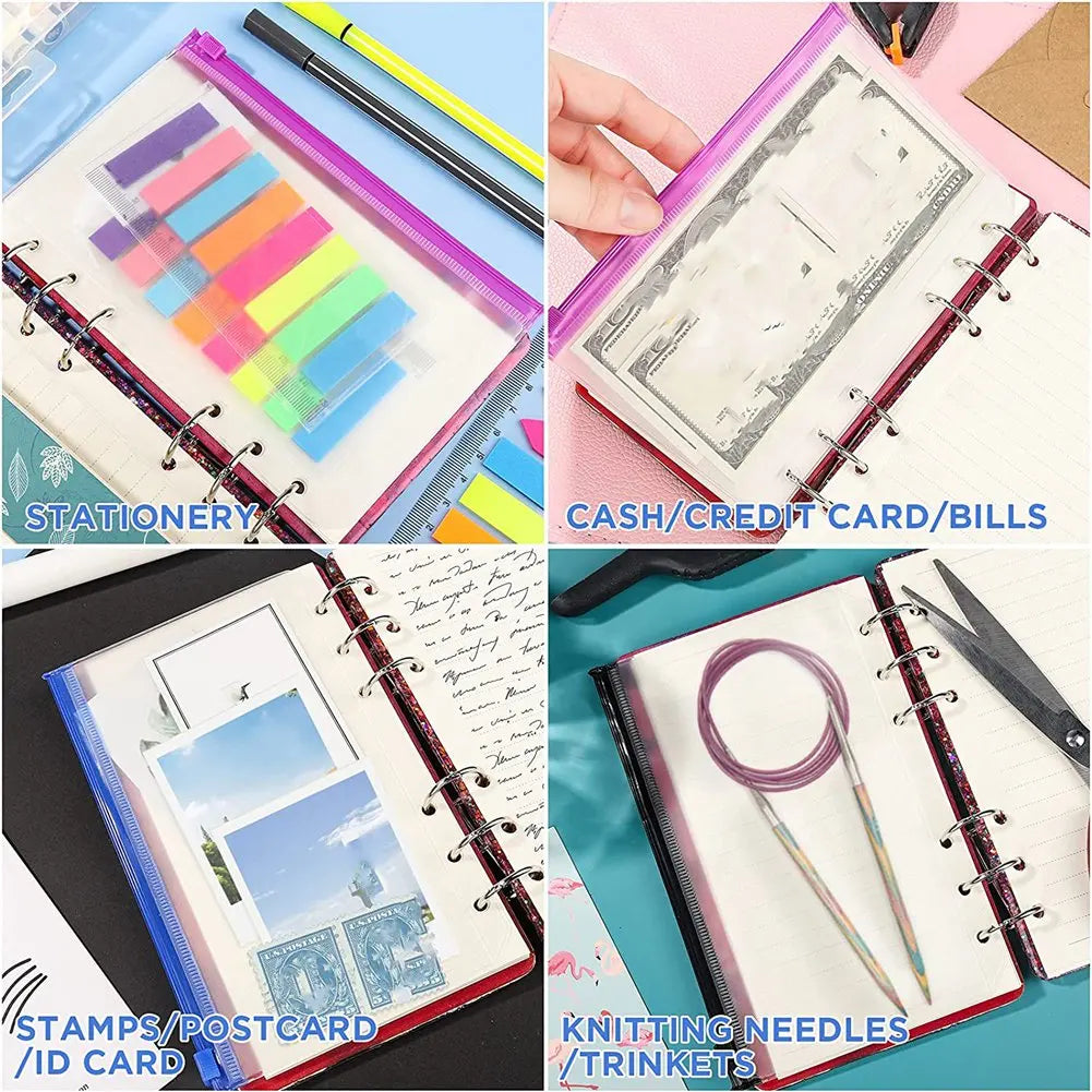 18 PCS A6 Binder Pockets 6-Ring A6 Zipper Pouch for Budget Binder, Waterproof Plastic Envelope Folders Pouch Bags