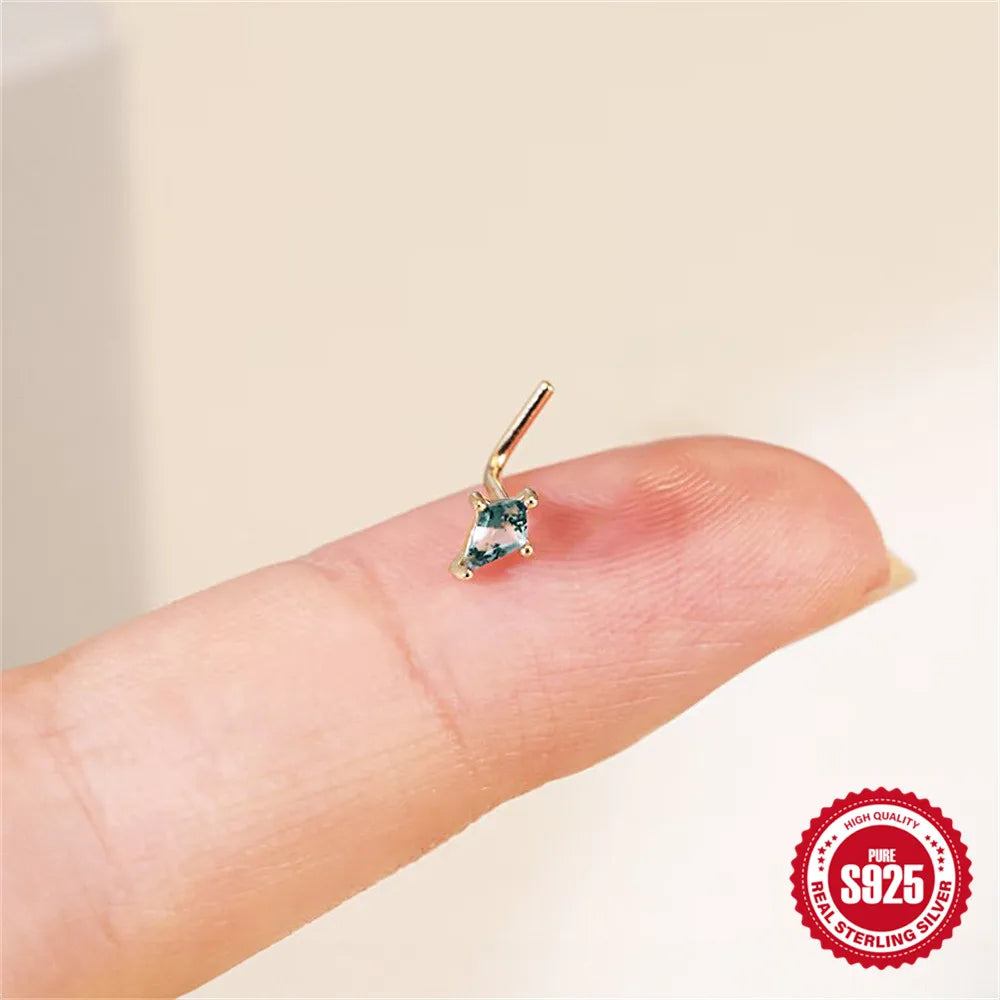 Natural Moss Agate Threaded Puncture Ear Bone, Nail 925 Sterling Silver Tassel Geometric, Nice Green Moss Piercing Earring