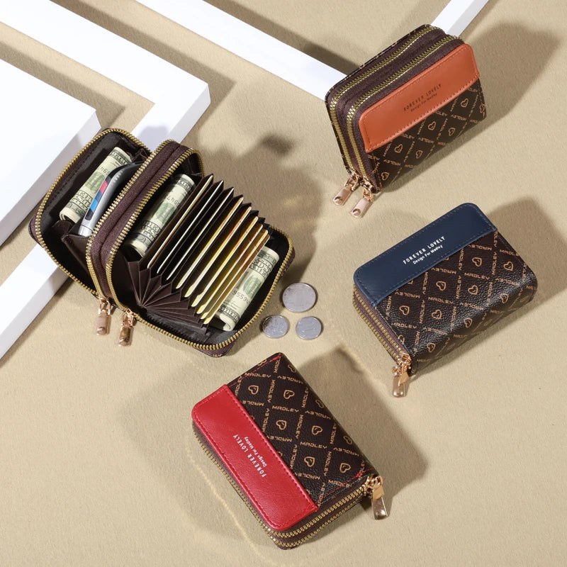 RFID Protection Mini Wallet - Chic Faux Leather with Double Zipper, Multiple Card Slots & Slip Pocket, Compact Classic Clutch