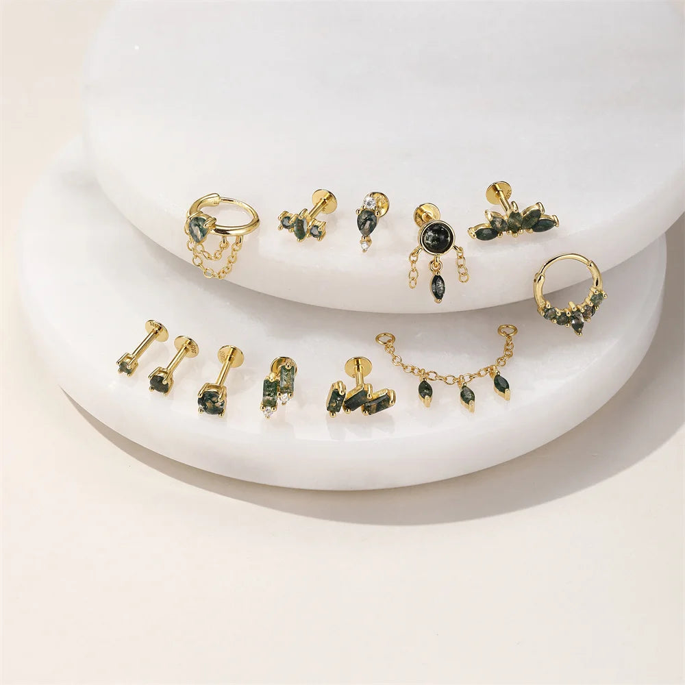 Natural Moss Agate Threaded Puncture Ear Bone, Nail 925 Sterling Silver Tassel Geometric, Nice Green Moss Piercing Earring