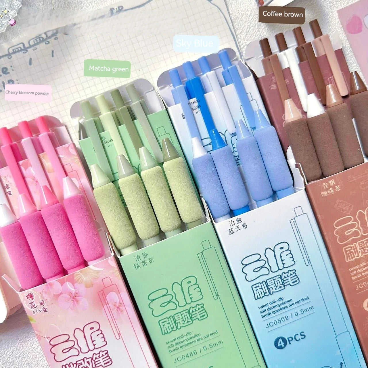 4pcs/box kawaii Gel Pen Korean Simplicity Pen Soft Handle Stationery Pen Black Ink 0.5mm Scrapbook Cute Pen Student Supplies