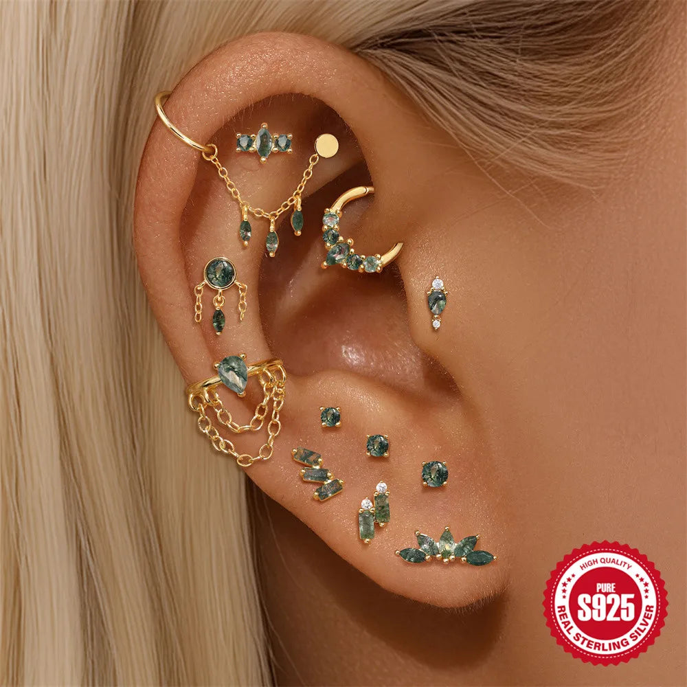 Natural Moss Agate Threaded Puncture Ear Bone, Nail 925 Sterling Silver Tassel Geometric, Nice Green Moss Piercing Earring