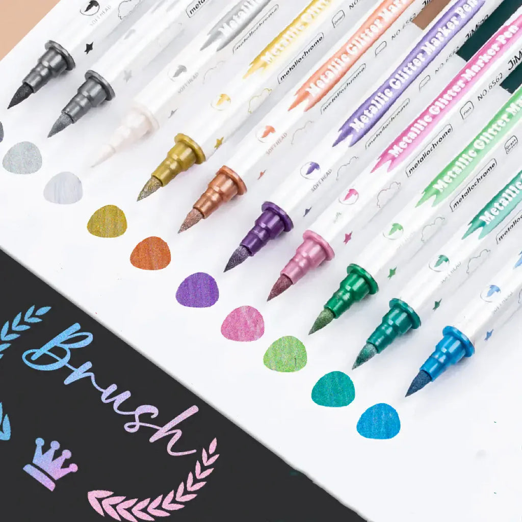 10Pcs Metallic Dual Tip Marker Pens, with Brush and Fine Nibs, for Album DIY, Black Cards, Scrapbooking, Craft Supplies