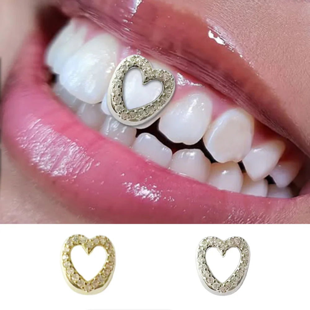Single CZ Stone Hollow Heart Tooth ,Caps Braces Hip Hip Zircon Tooth, Grillz For Women Men Jewelry Dental Grills