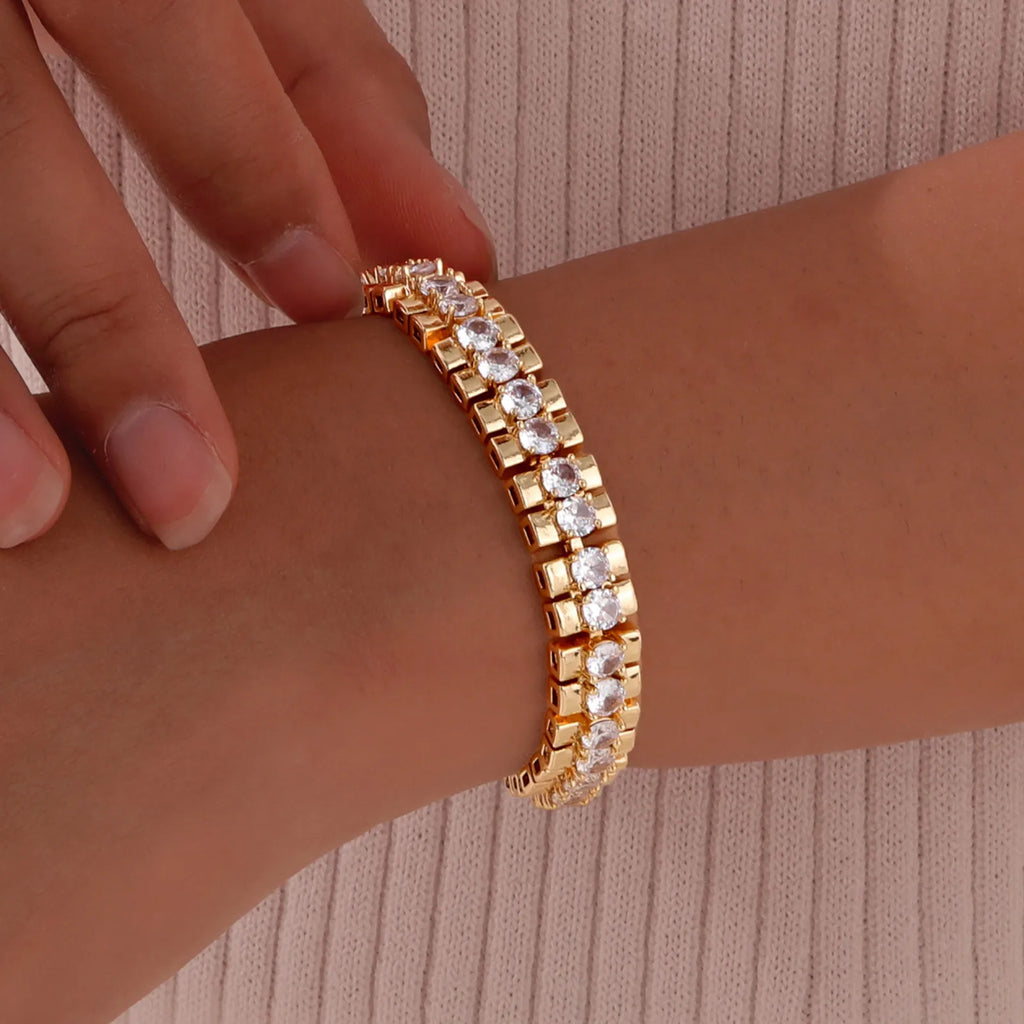 Paperclip Chain Bracelet 14K Gold Plated Cubic Zirconia Watch Strap Chunky Link Adjustable Stackable Jewelry For Women Girl Gift
