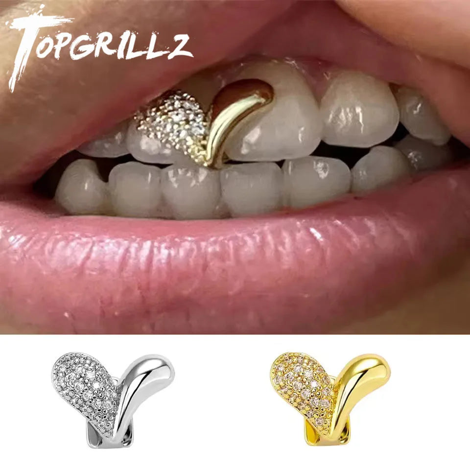 TOPGRILLZ Iced Out Cubic Zirconia Heart Teeth Grillz Vintage Single Tooth Caps For Unisex Jewelry Christmas Gift Dental Grills