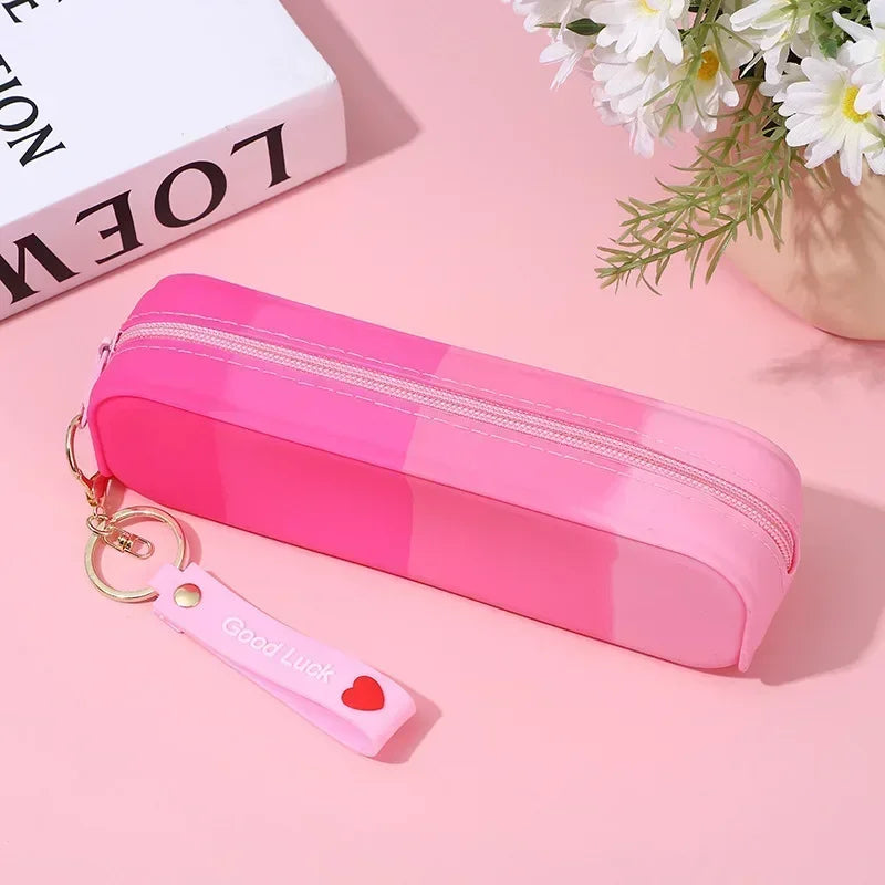 1Pc Cute Gradient Silicone Pencil Case Lovely Kids Waterproof Stationery Organizer Pen Kawaii School Supplies with Cartoon Rope