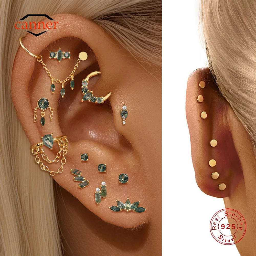 Natural Moss Agate Threaded Puncture Ear Bone, Nail 925 Sterling Silver Tassel Geometric, Nice Green Moss Piercing Earring