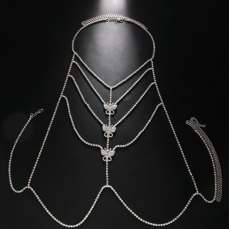 Sexy Multi Layer Rhinestone Butterfly Bra Chain for Girls, Fashion Body Chain Bra Necklace Bikini Harness, Chic Party Jewelry