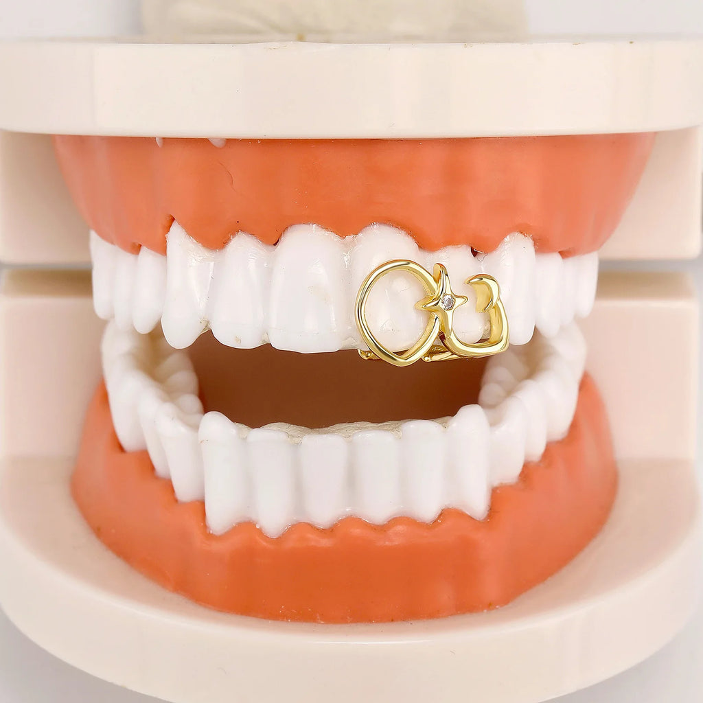 RACHELZ Hip Hop Cute CZ Stone Star Teeth Grillz Braces Gold Color Y2K Elegant Shiny Zircon Tooth Caps For Women Men Punk Jewelry