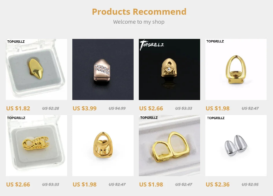 TOPGRILLZ New Gold Color Plated Hip Hop Single Teeth Grillz Cap Top Tooth GRILLZ for Halloween Christmas Party Jewelry,Gift