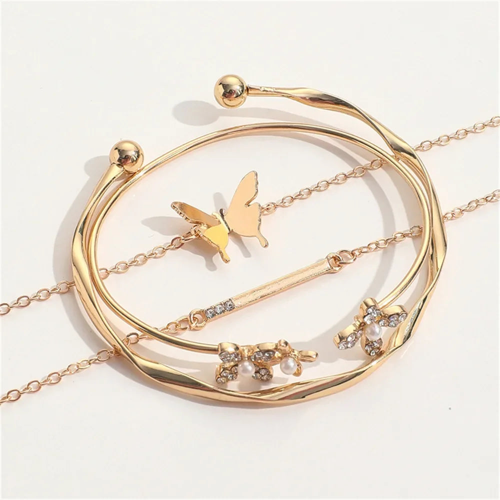 Chic Vintage Gold Color Cuff Bracelet, The Best Set of 4 Stainless Steel Butterfly Bracelet Combination Fashion, Very Elegant Bracelet Jewelry Gifts For Her Birthday Or Christmas