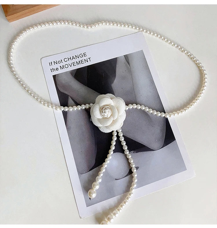 Adorable Pearl Waist Belt Women's New Style Camellia Decorative Versatile Waist Belt Matching Dress Coat Jacket Fashion Elegant Belt