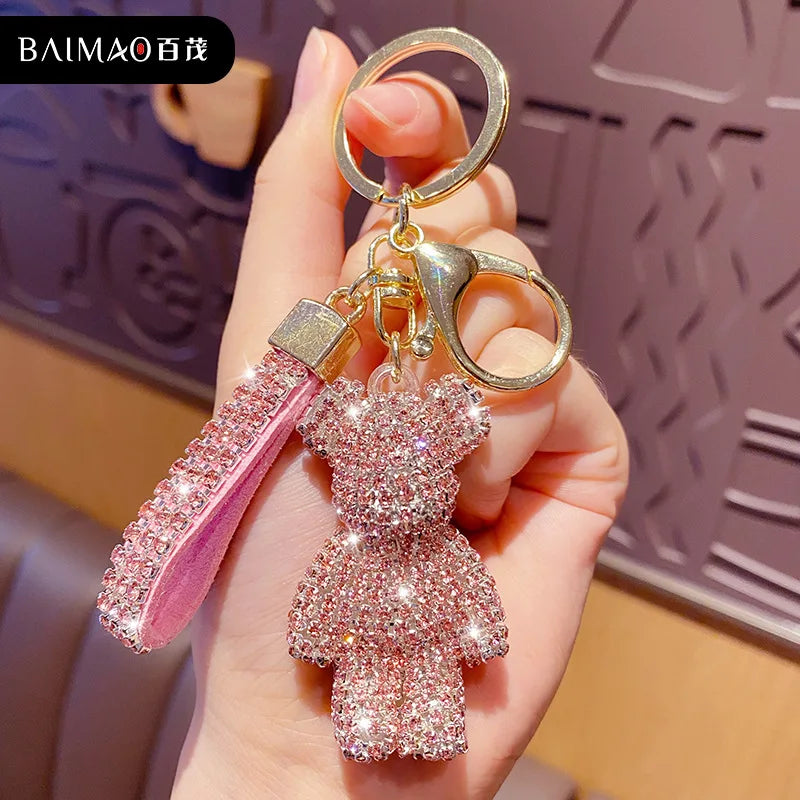Cute Rhinestones Tassel Bear Keychain Couple Keychain, Beautiful Girl Decoration Kind Small Pendant Car Key Ring Student Bag Pendant