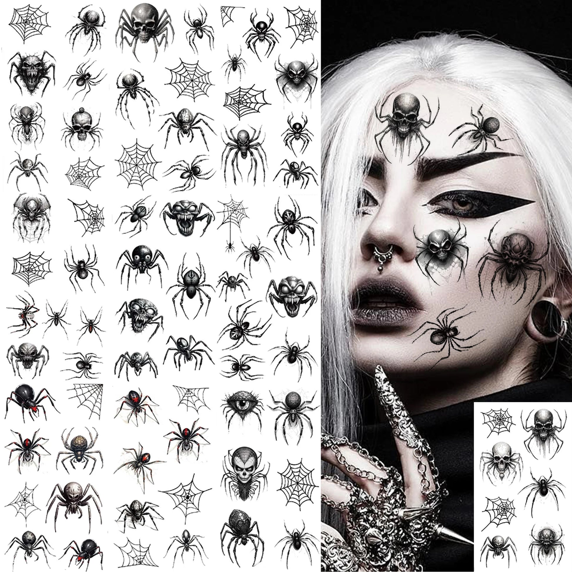 8 Sheets Horrible Realistic 3D Spiders Spiderweb, Temporary Tattoos For Men Women Adults Halloween, Halloween Gift