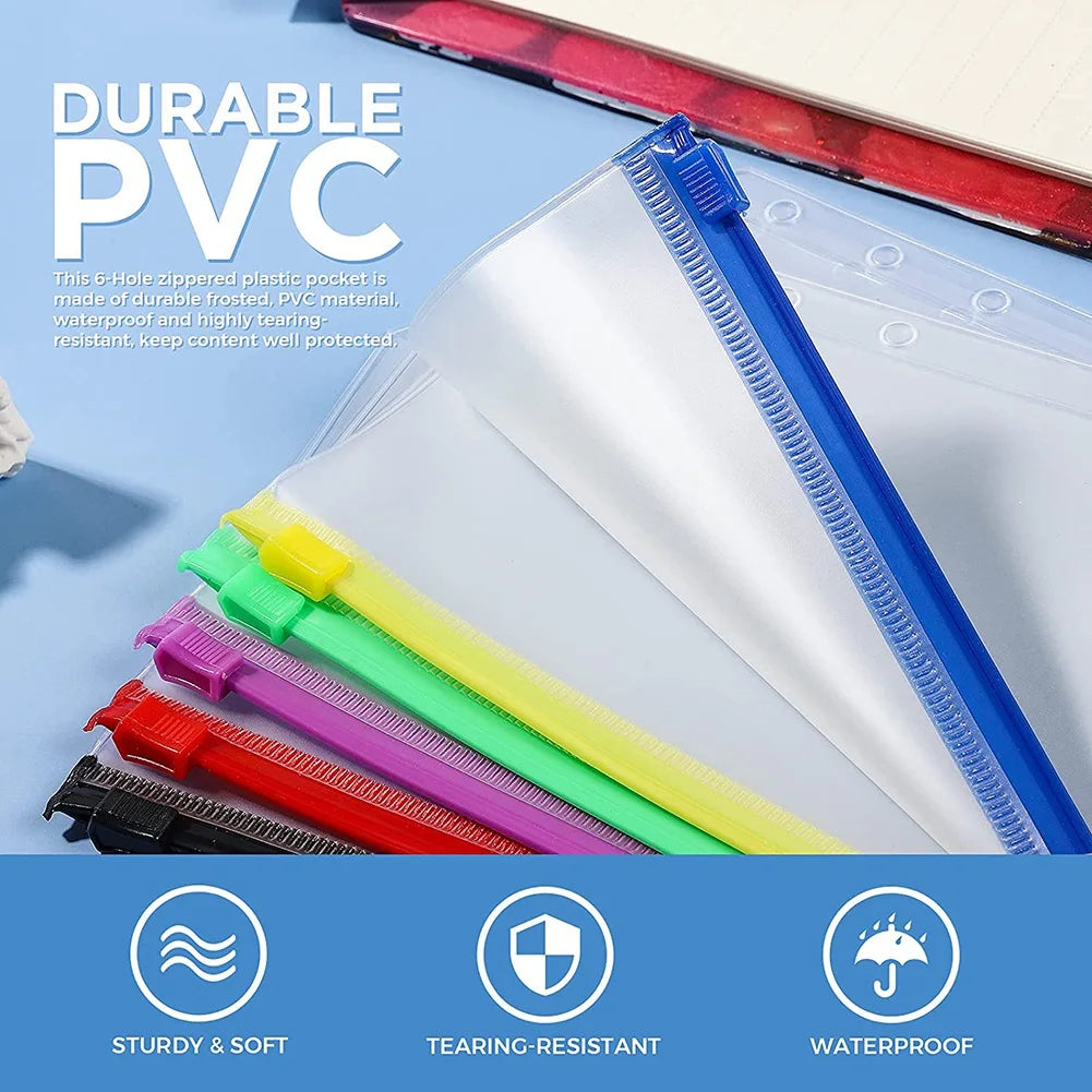 18 PCS A6 Binder Pockets 6-Ring A6 Zipper Pouch for Budget Binder, Waterproof Plastic Envelope Folders Pouch Bags