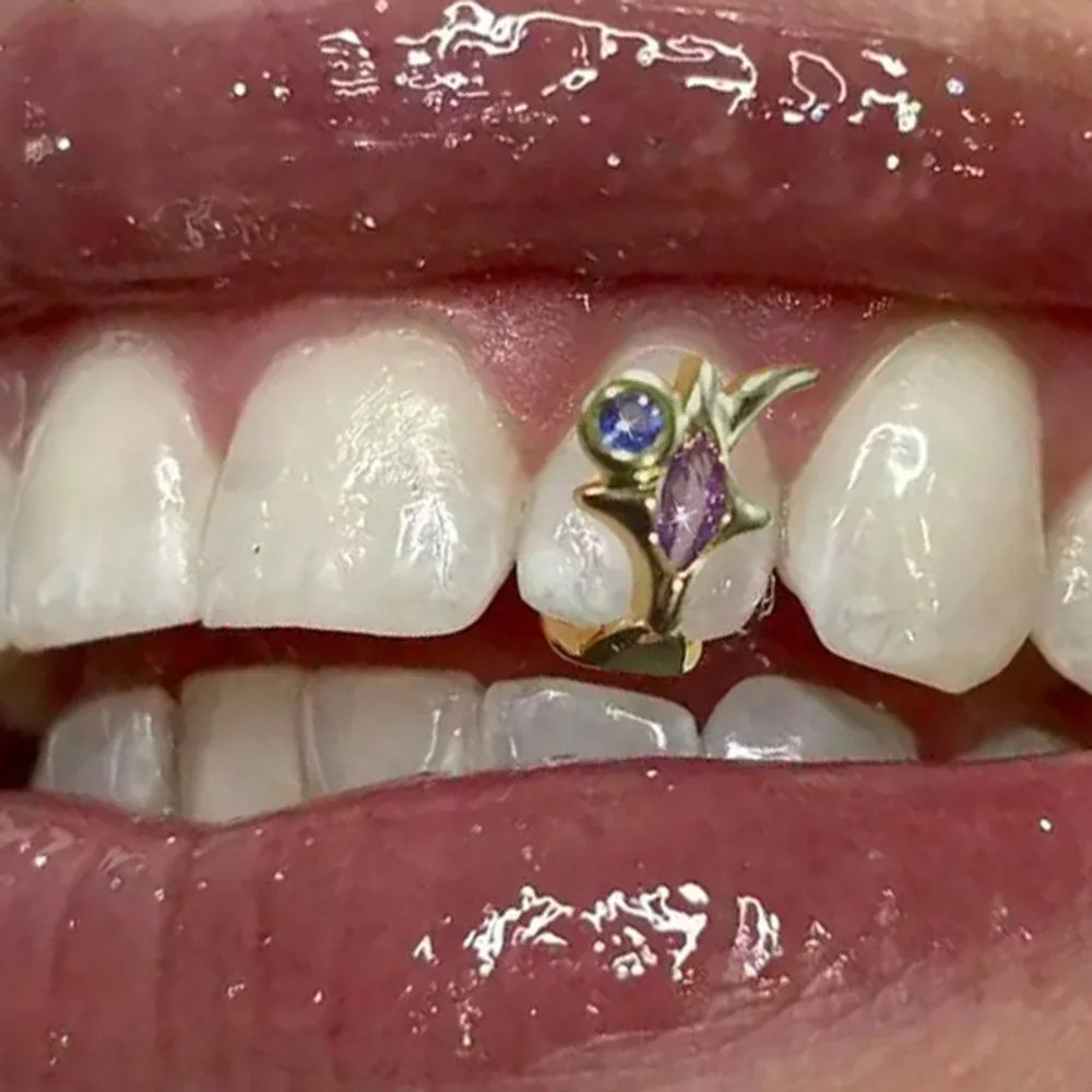 RACHELZ Hip Hop Purple Zircon Star Teeth Grillz Y2K Vintage Single Blue CZ Stone Tooth Caps For Women Men Jewelry Dental Grills