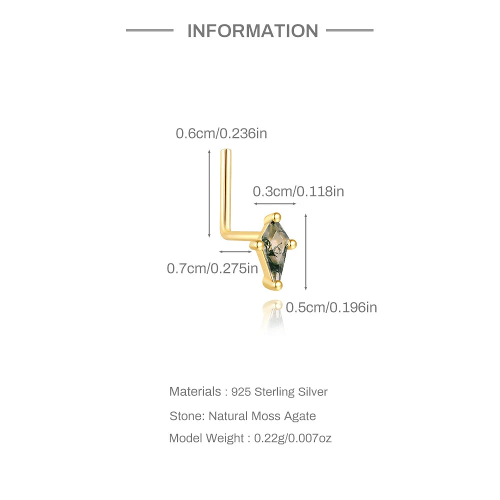 Natural Moss Agate Threaded Puncture Ear Bone, Nail 925 Sterling Silver Tassel Geometric, Nice Green Moss Piercing Earring