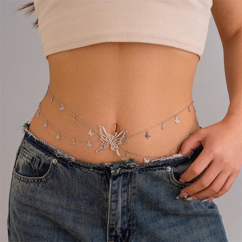 Boho Schmetterling Taille Bauch Gürtel Kette für Frauen Sommer Bikini Kristall Quaste Anhänger Link Körper Schmuck Geschenk