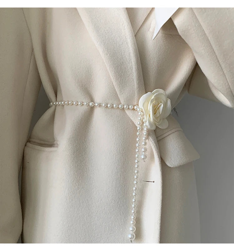 Adorable Pearl Waist Belt Women's New Style Camellia Decorative Versatile Waist Belt Matching Dress Coat Jacket Fashion Elegant Belt
