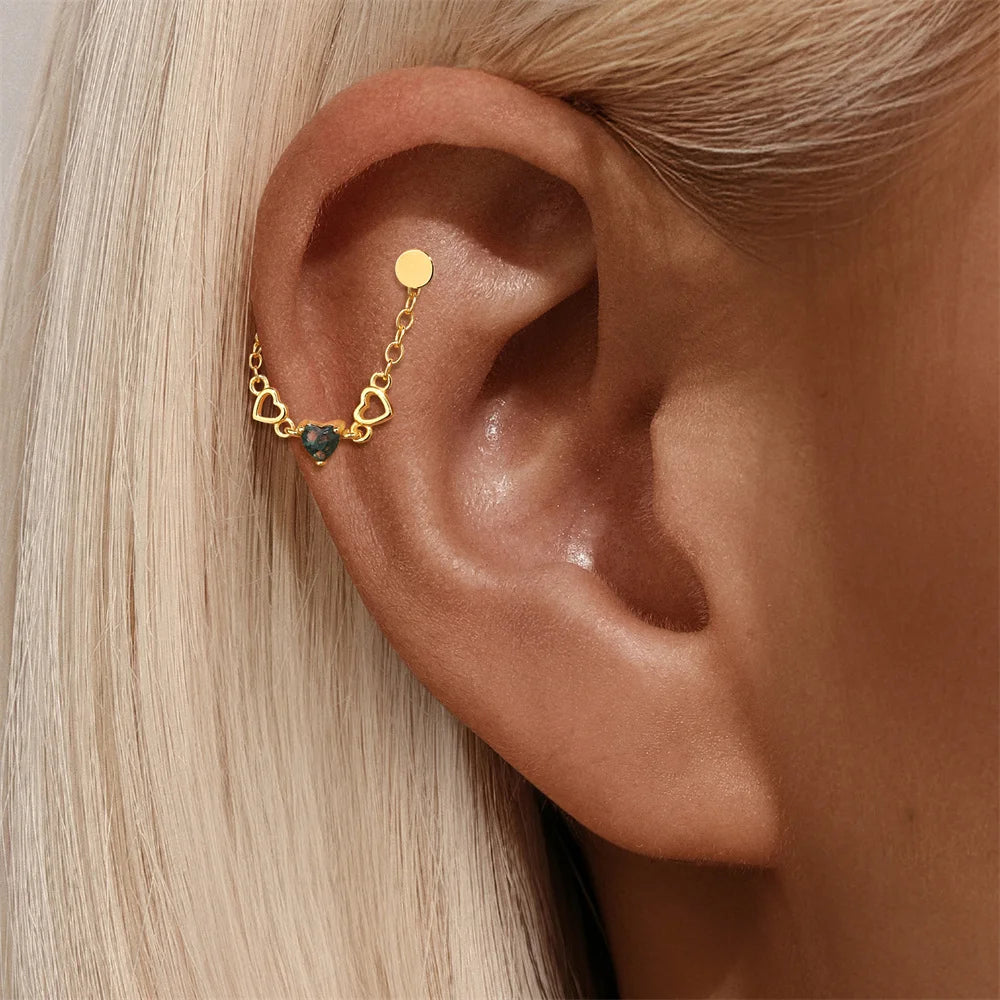 Natural Moss Agate Threaded Puncture Ear Bone, Nail 925 Sterling Silver Tassel Geometric, Nice Green Moss Piercing Earring