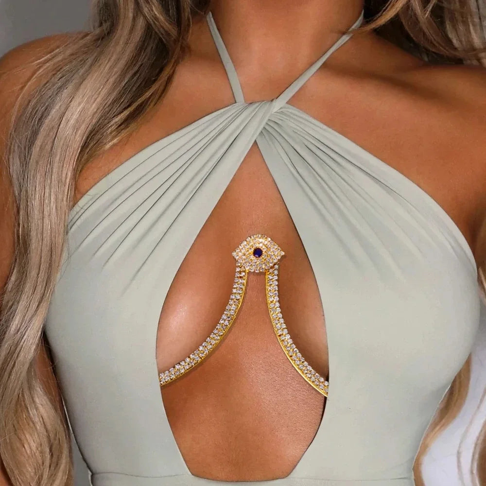 Beautiful Demon Eye Chest Bracket, Lovely Necklace Bikini Body Jewelry Summer Beach, Festival Rhinestone Chest Chain Harness Girls