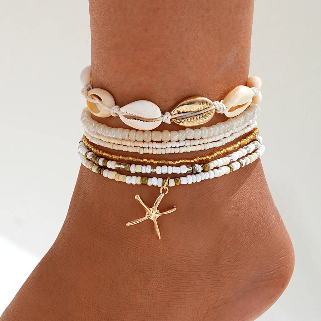 5 Pcs Exquisite Metal Butterfly Star Heart Pendant Anklets, Chic Set Vintage Pearl Pendant Foot, Attractive Bracelet Beach Woman Jewelry