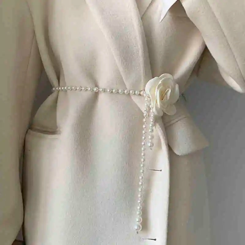Adorable Pearl Waist Belt Women's New Style Camellia Decorative Versatile Waist Belt Matching Dress Coat Jacket Fashion Elegant Belt