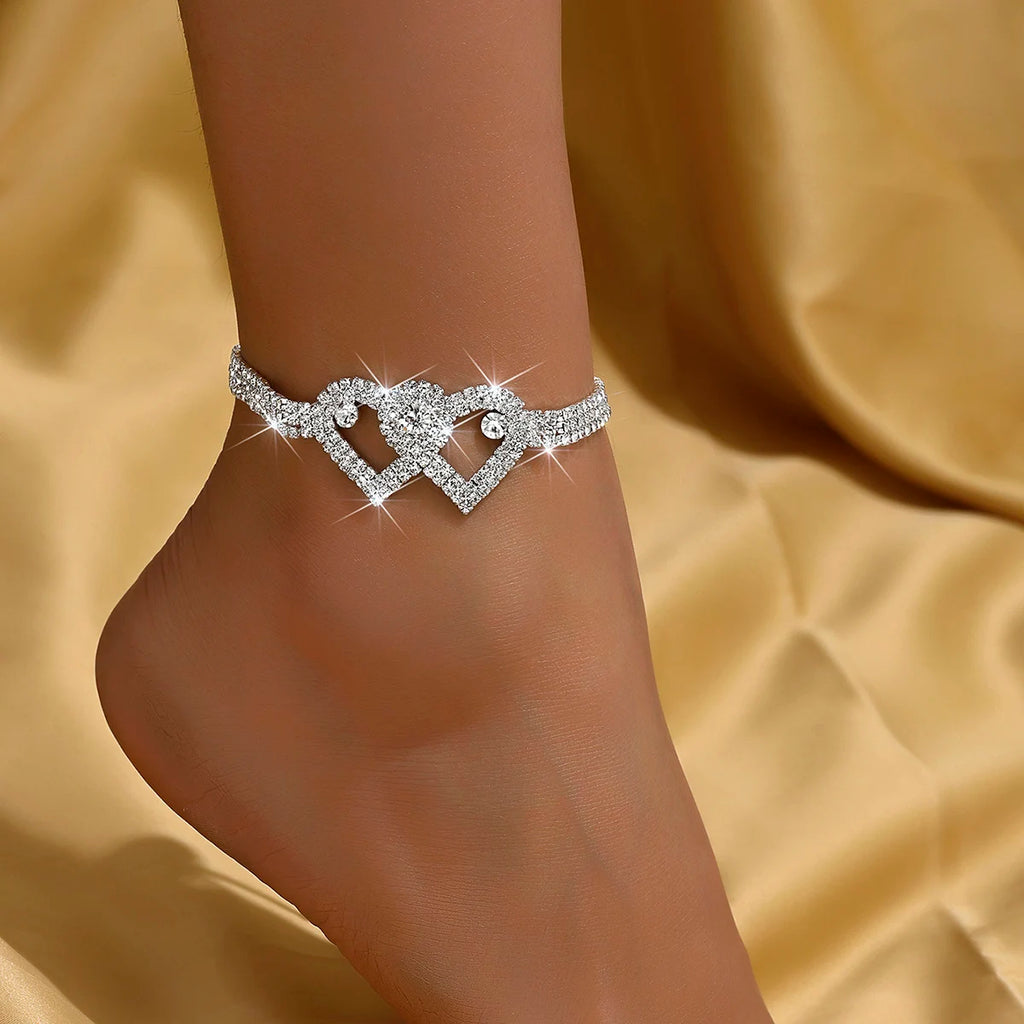 Attractive Women's Trendy Claw Chain Series, Double Peach Heart Feet Chain Outdoor Tourism Beach Banquet Party Festival Gift, Luxury Crystal Anklet, Nice Gift For Christmas, Silver And Gold Anklet