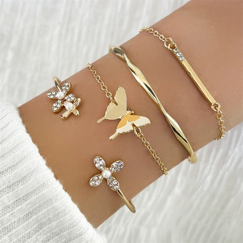 Chic Vintage Gold Color Cuff Bracelet, The Best Set of 4 Stainless Steel Butterfly Bracelet Combination Fashion, Very Elegant Bracelet Jewelry Gifts For Her Birthday Or Christmas