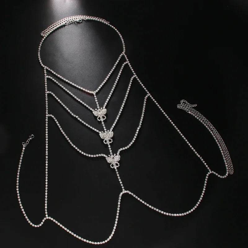 Sexy Multi Layer Rhinestone Butterfly Bra Chain for Girls, Fashion Body Chain Bra Necklace Bikini Harness, Chic Party Jewelry