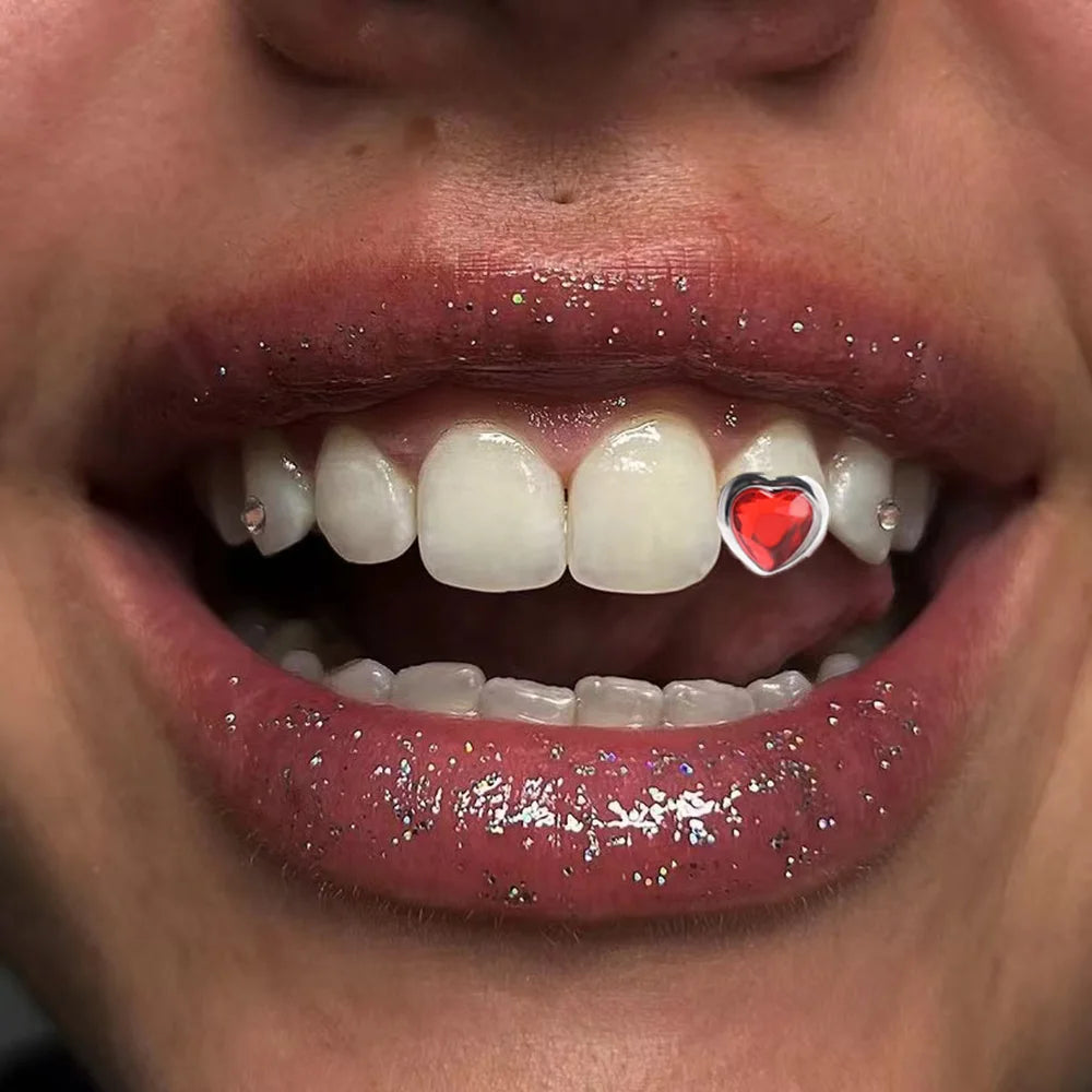 Unique Hip Hop Single Red Green Heart Zircon Teeth, Grillz Silver Color Shiny Crystal Tooth Jewelry, Caps For Women Men Jewelry Gift