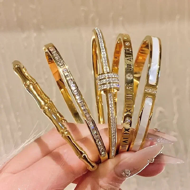 1PC Titanium Steel Stainless Steel Inlaid, Luxury Zircon Gold Plated, Stunning Bracelet Gift and Stylish Style Bangles for Girls, Daily Jewelry,