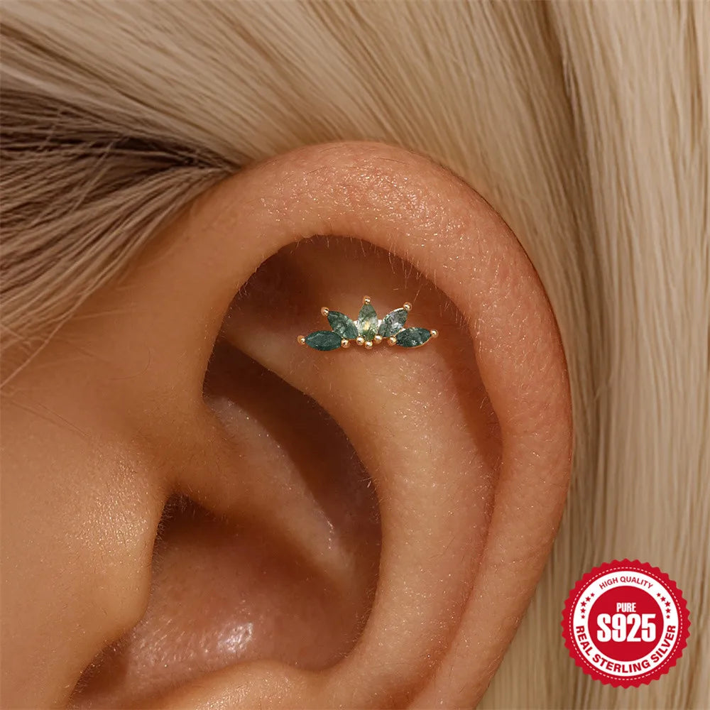 Natural Moss Agate Threaded Puncture Ear Bone, Nail 925 Sterling Silver Tassel Geometric, Nice Green Moss Piercing Earring