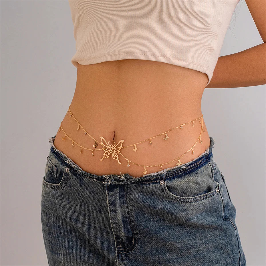 Boho Schmetterling Taille Bauch Gürtel Kette für Frauen Sommer Bikini Kristall Quaste Anhänger Link Körper Schmuck Geschenk