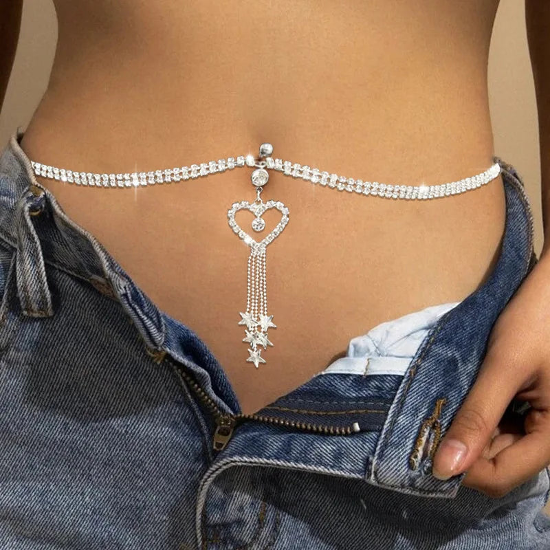 Boho Heart Dangle Rhinestone, Nice Piercing Navel Chain Belly Button Ring with Waist Chain Girls, Pretty Navel Piercing, Lovely Body Jewelry From Veloratok