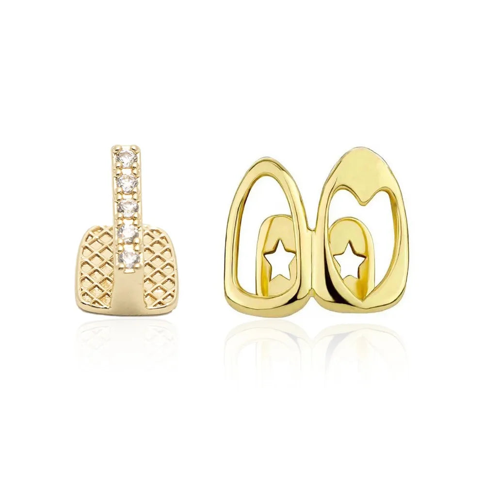 2pcs Set Hip-hop Gold Color Hollowed Hearts Zircon Inlay, Nice Stainless Steel Dental Grills for Women And Men, Fashion Teeth Jewelry Accessories